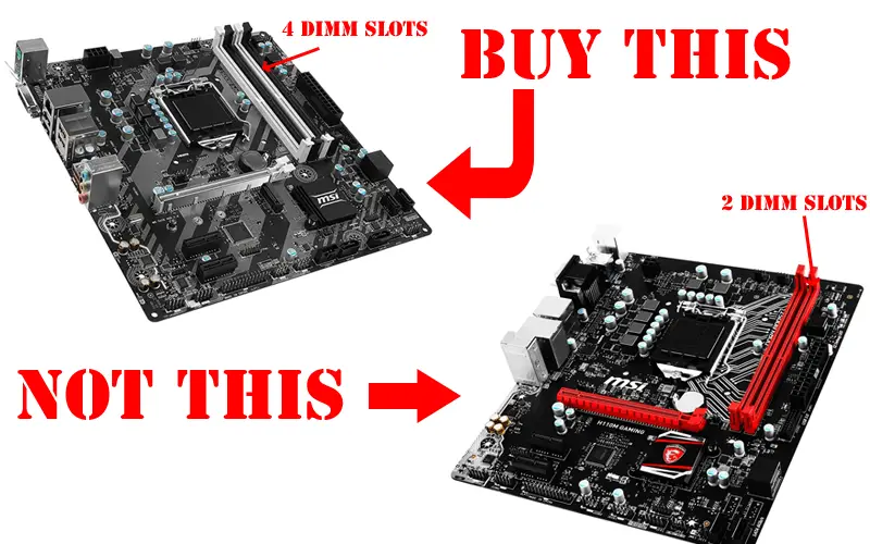 4 DIMM slots vs 2 DIMM slots Micro-ATX motherboard.png