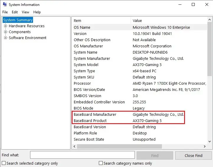 System info motherboard model