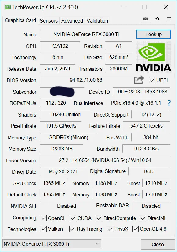 RTX 3080 Ti Specs GPU-Z 2.40.0