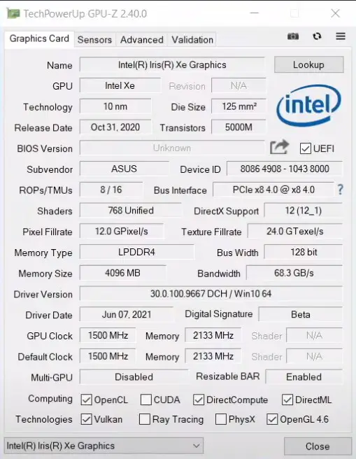 Intel DG1 Iris Xe specs GPU-Z