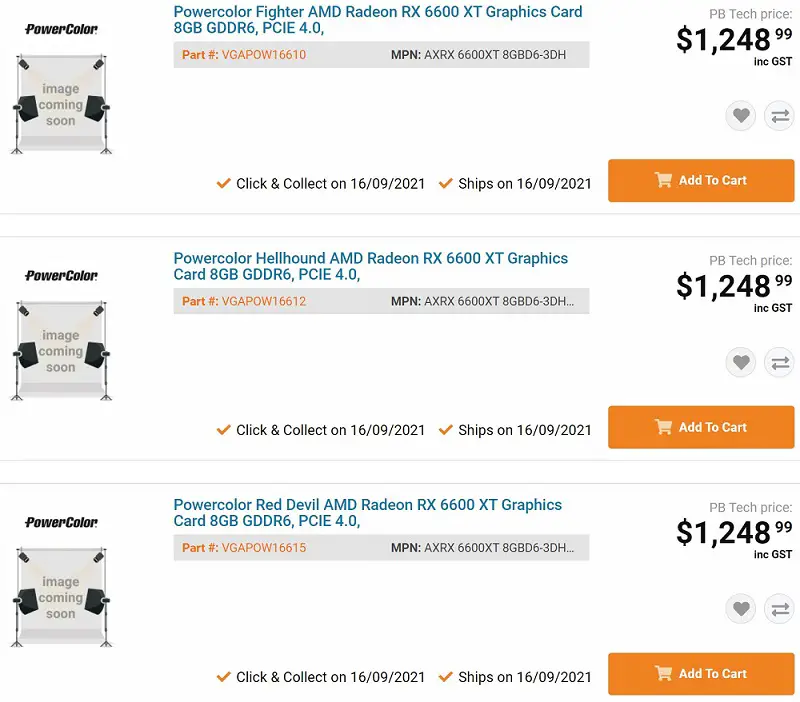 PowerColor RX 6600 XT graphics cards listing