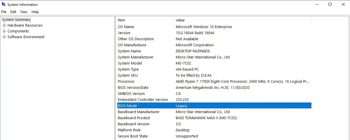 system information bios mode