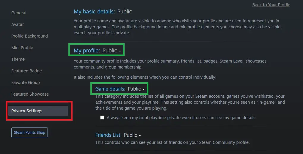 Privacy settings Steam