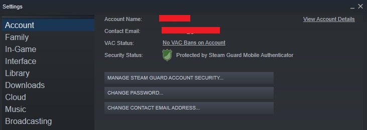 Steam guard settings