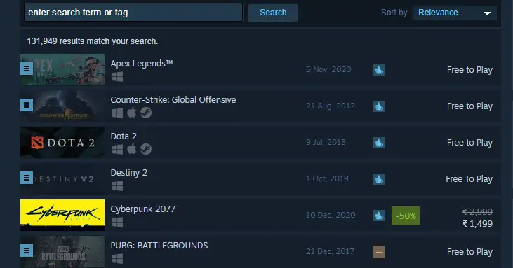 Steam search by relevance